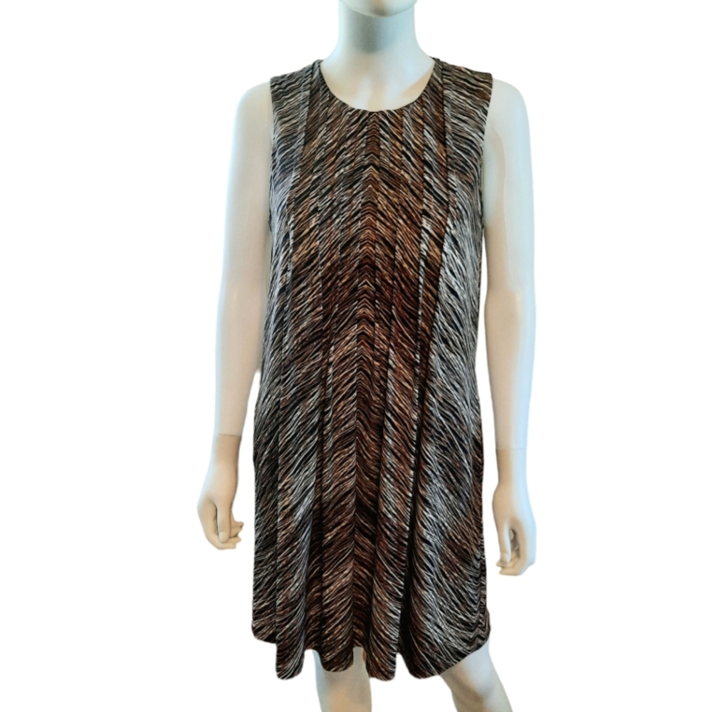 CALVIN KLEIN Printed Knit Sleeveless Pintucked Short Shift Dress 8 Blk/Bwn